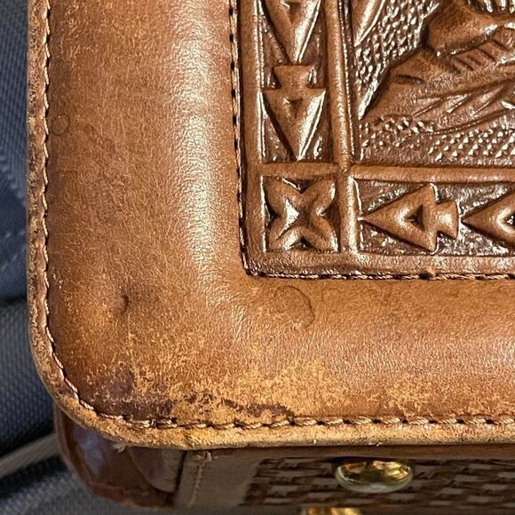 Vintage 70's Aztec Mont-Abur Tooled Leather Cow Hide Brown Handbag from Mexico - Picture 15 of 16
